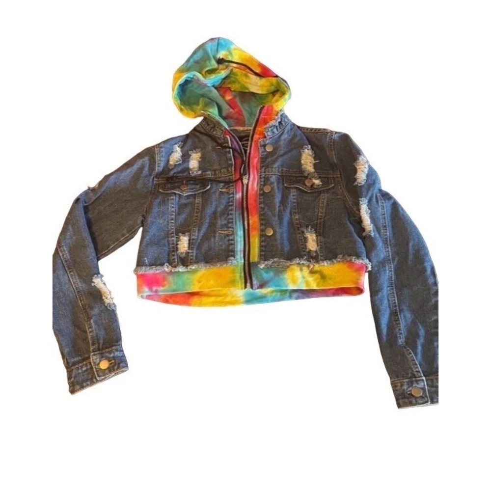 American Bazi Blue Tie Dye Hooded Denim Jacket Distressed Cropped small
